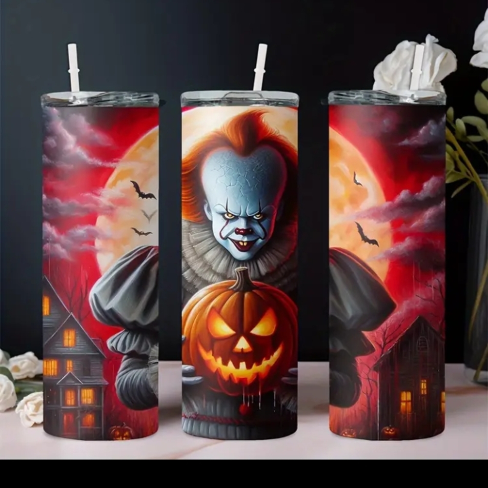 Horror Pennywise Themed Tumbler with Straw